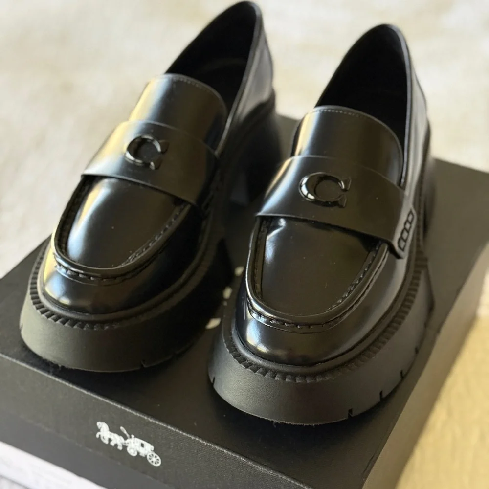 COACH LEAH PLATFORM LEATHER LOAFERS BLACK IN BOX SIZE 8 8m - Picture 2 of 3